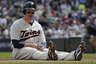 Justin Morneau of the Minnesota Twins reacts after being tagged out at home plate against the Cleveland Indians at Target Field in Minneapolis, Minnesota. (Photo by Hannah Foslien/Getty Images)