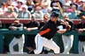 Mar 13, 2012; Scottsdale, AZ, USA; San Francisco Giants first baseman Brandon Belt (9) during an at bat in the second inning against the Chicago Cubs at Scottsdale Stadium.  Mandatory Credit: Jake Roth-US PRESSWIRE