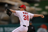 ANAHEIM, CA:  Jered Weaver #36 of the Los Angeles Angels of Anaheim throws a pitch against the Cleveland Indians at Angel Stadium in Anaheim, California.  (Photo by Stephen Dunn/Getty Images)